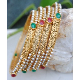  Gold Filigree Pearl Ruby Emerald Bangles